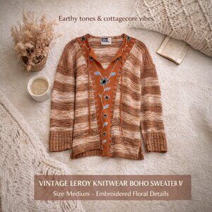 Vintage LeRoy Knitwear Boho Sweater | Embroidered Floral | Women’s M